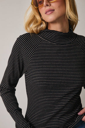 Black & Taupe Mock Neck Long Sleeve Stripe Top