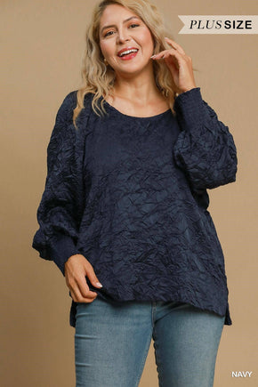 Plus Navy Wrinkled Round Neck Top