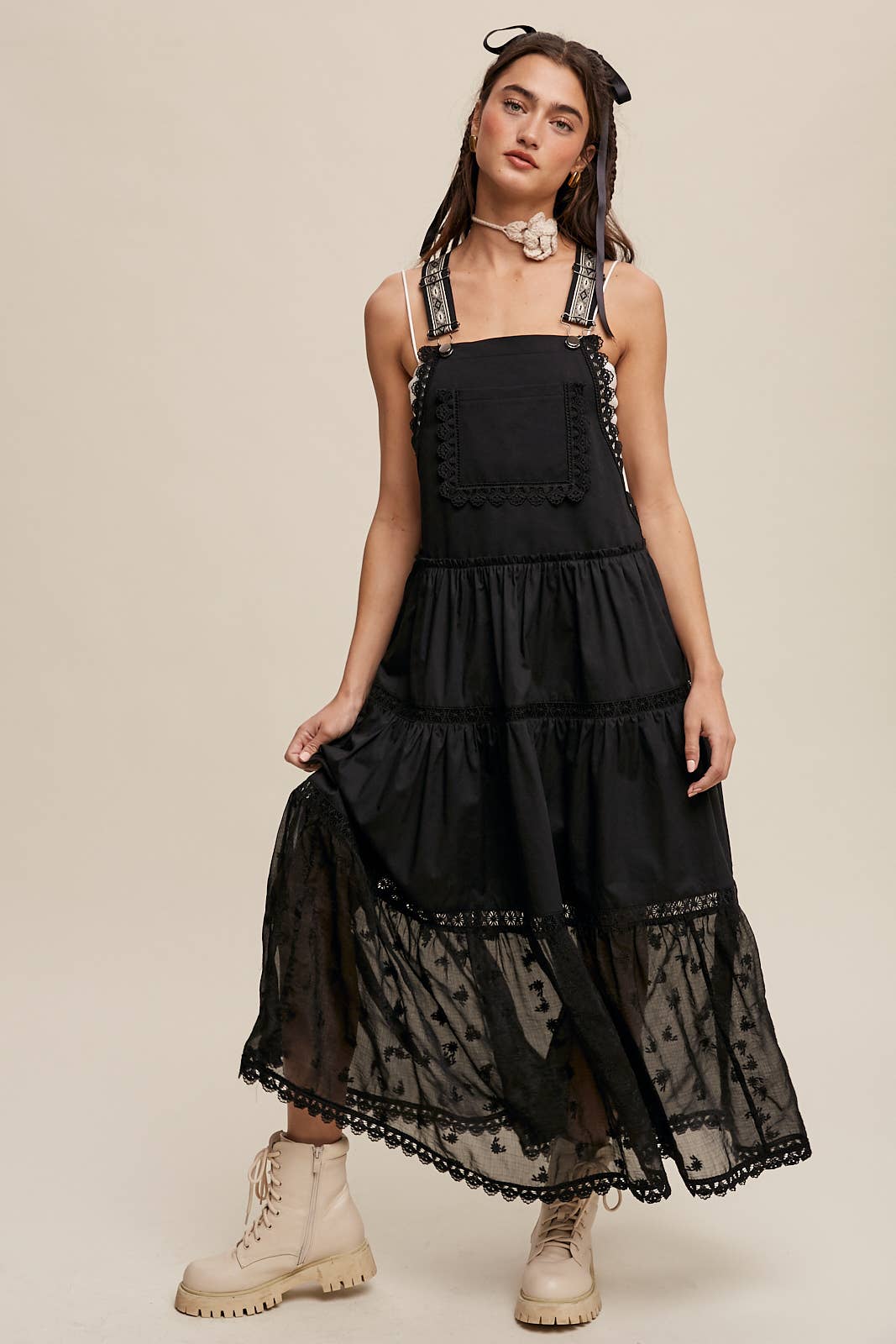 Black Lace and Tiered Overall Maxi