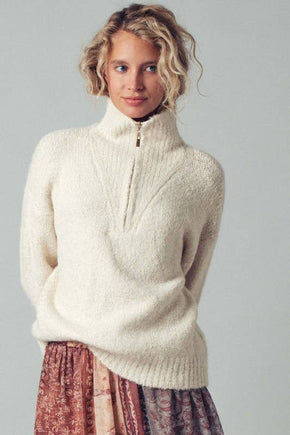 Ivory Textured Quarter-Zip Fold Collar Sweater