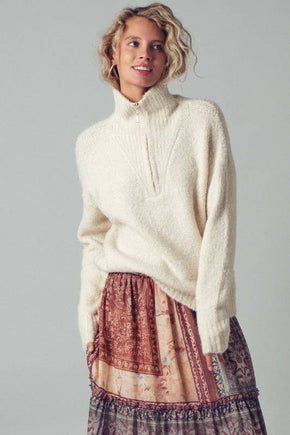 Ivory Textured Quarter-Zip Fold Collar Sweater