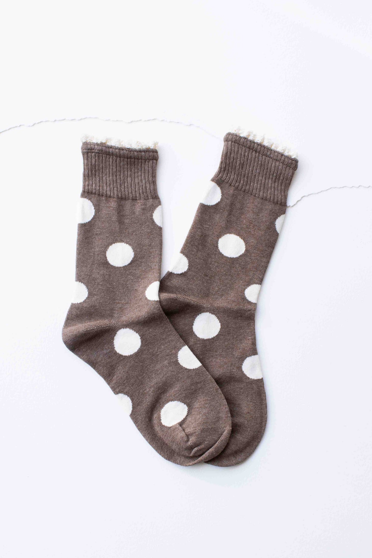 Cream Polka Dot Ruffle Trim Crew Socks