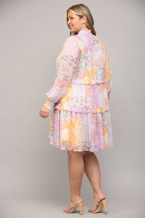 Plus Patchwork Chiffon Mock Neck Dress