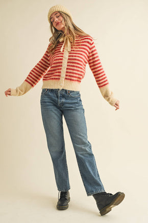 Cream Red Striped Hoodie Sweater Cardigan