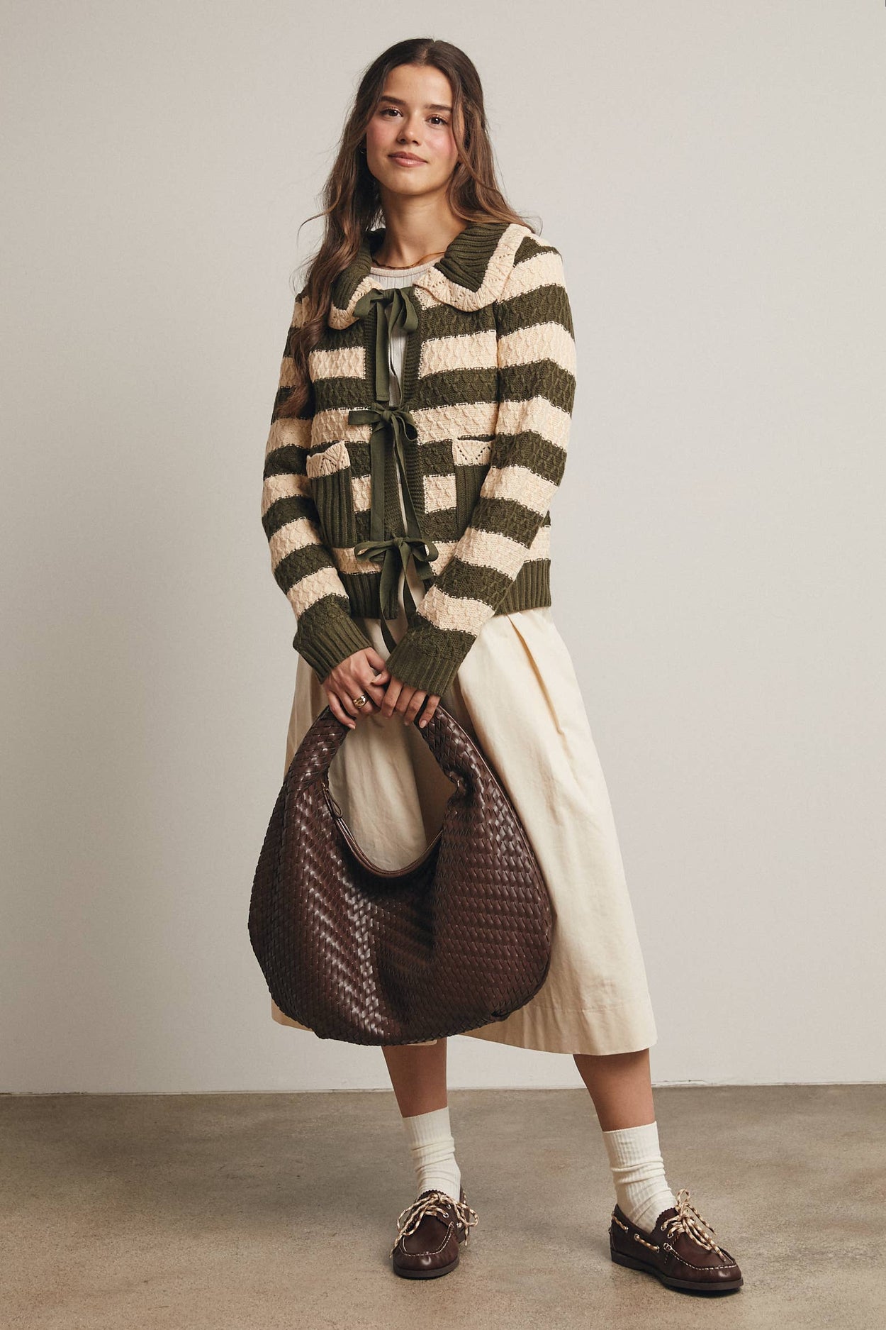 Dark Olive Striped Knit Peter Pan Collar Cardigan