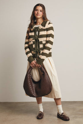 Dark Olive Striped Knit Peter Pan Collar Cardigan