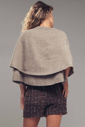 Mocha Wool Blend Button-Front Sweater Cape