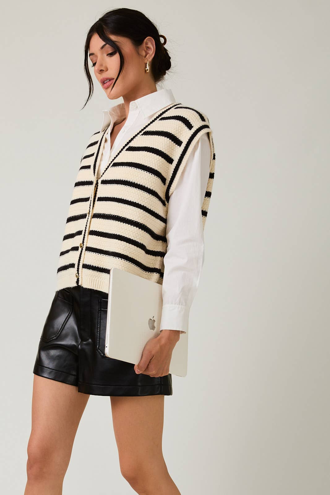 V-Neck Button Down Sleeveless Stripe Vest