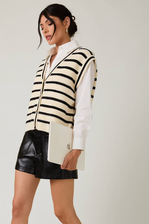 V-Neck Button Down Sleeveless Stripe Vest