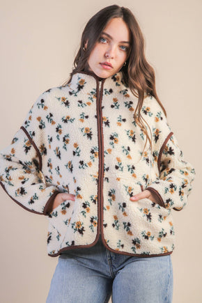 Cream Flower Floral Printed Casual Fleece Jacket