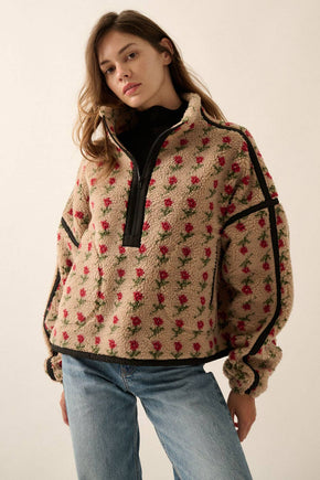 Rose Floral-Print Fleece Half-Zip Jacket