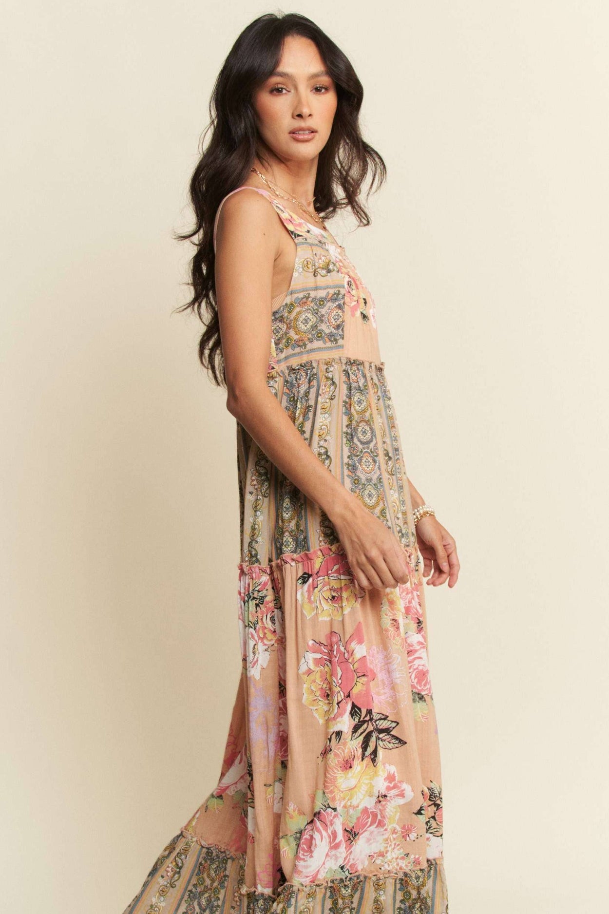 Plus Floral Boho Mixed Stripe Maxi Dress