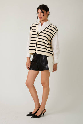 V-Neck Button Down Sleeveless Stripe Vest