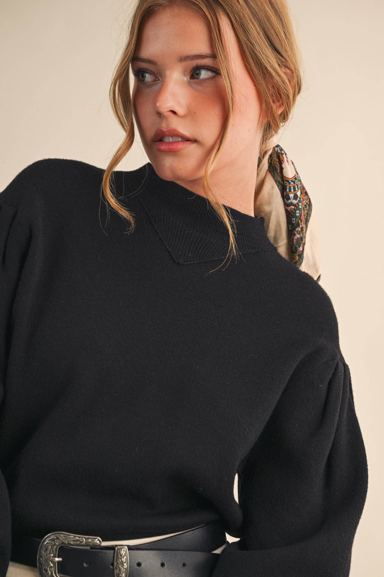 Black Mock Neck Puff Sleeve Sweater