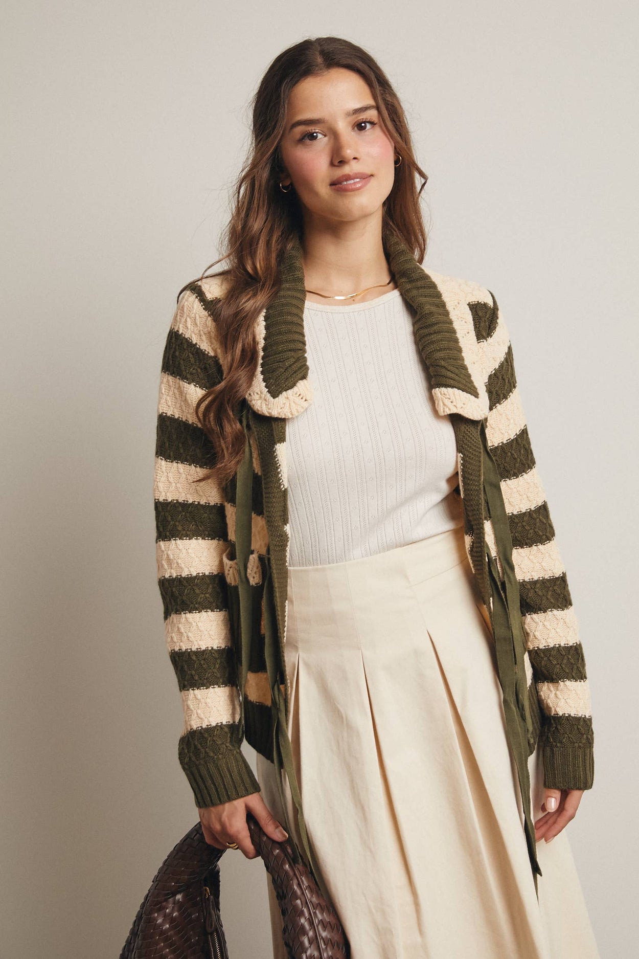 Dark Olive Striped Knit Peter Pan Collar Cardigan