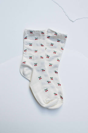 Ivory Cherry Pattern Cotton Blend Socks