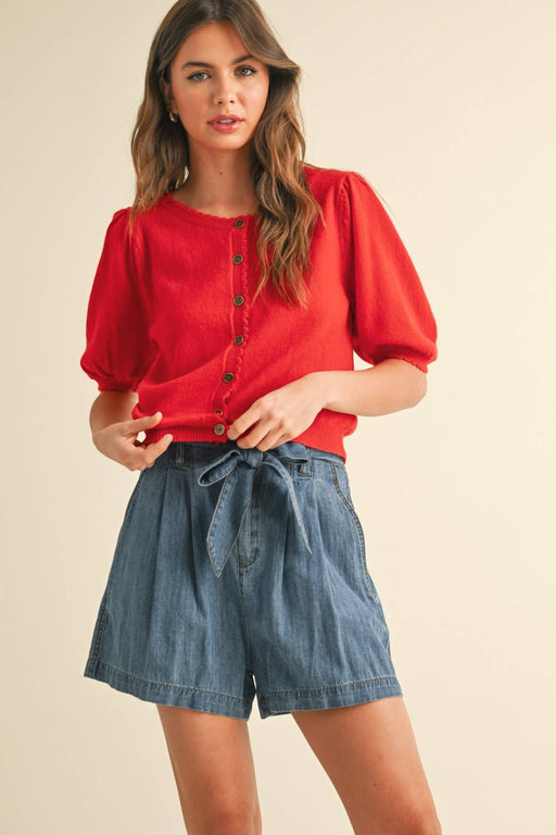 Red Puff Short Sleeve Knit Cardigan