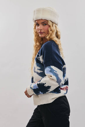 Navy Ski Village Graphic Sweater