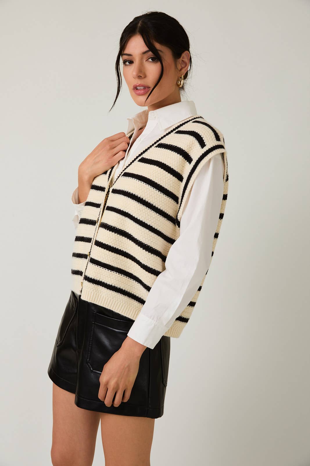 V-Neck Button Down Sleeveless Stripe Vest