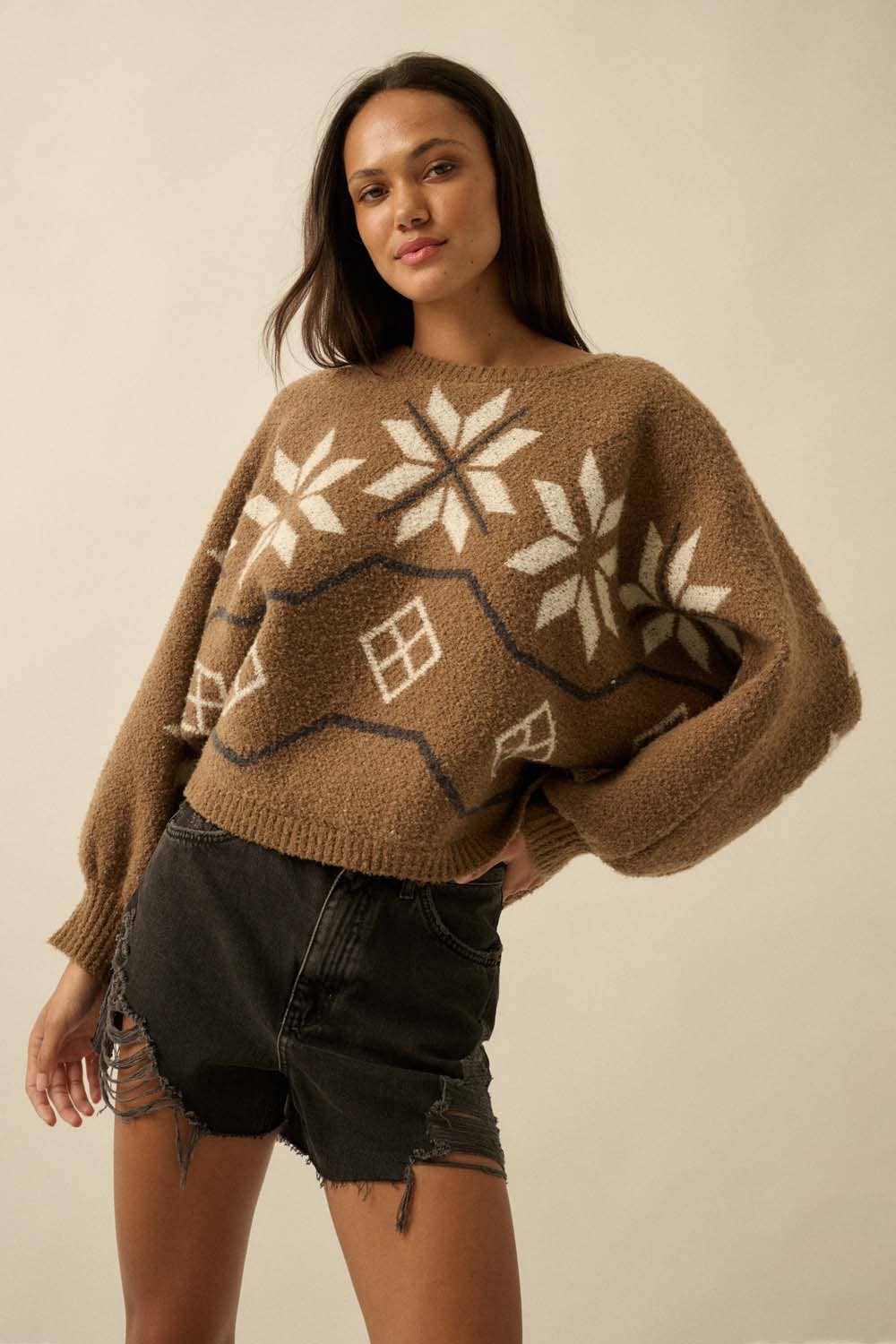 Mocha Textured Dolman-Sleeve Sweater