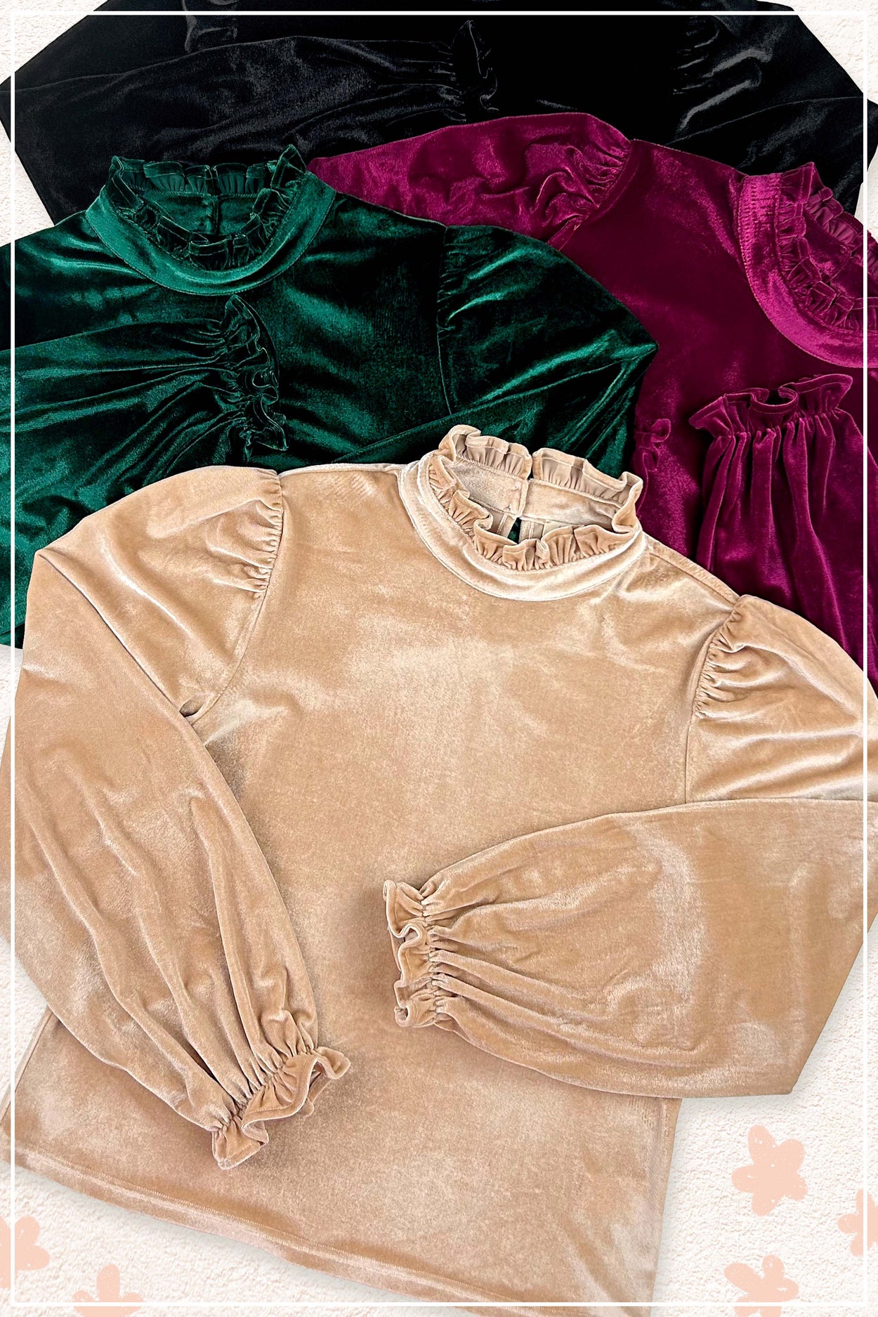 Emerald Soft Velvet Long Puff Sleeve Blouse Holiday Top