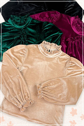 Emerald Soft Velvet Long Puff Sleeve Blouse Holiday Top