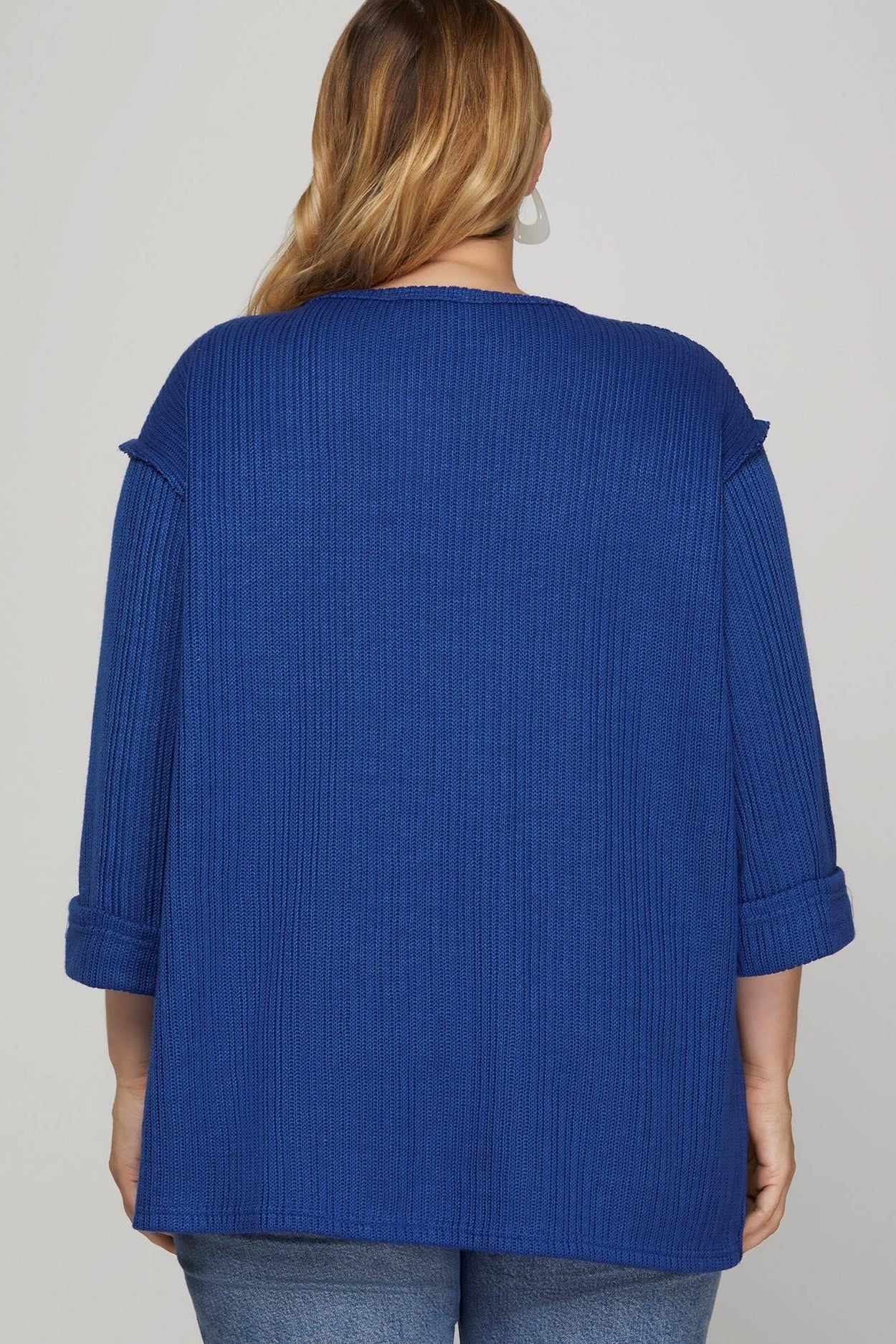 Plus Blue 3/4 Folded Sleeve Knit Top