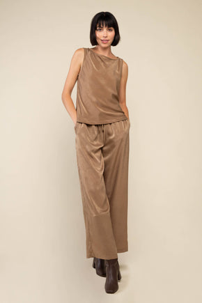 Plus Tan Satin Wide Leg Pant