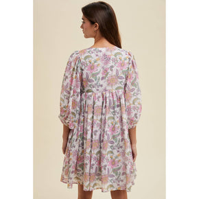 Cream & Pink Floral Balloon Sleeve Mini Dress