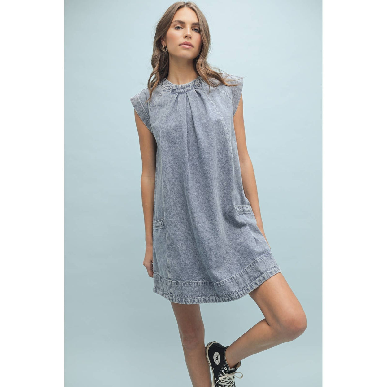 Denim Pleated Detail Mini Dress