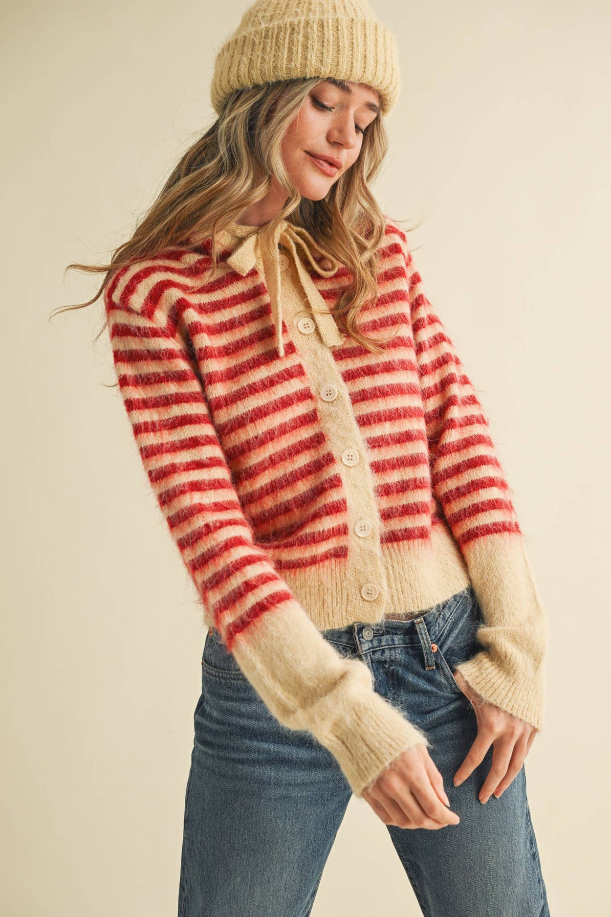 Cream Red Striped Hoodie Sweater Cardigan