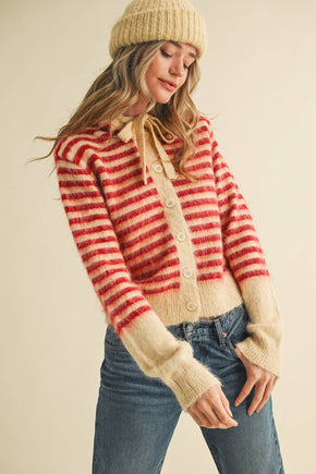 Cream Red Striped Hoodie Sweater Cardigan