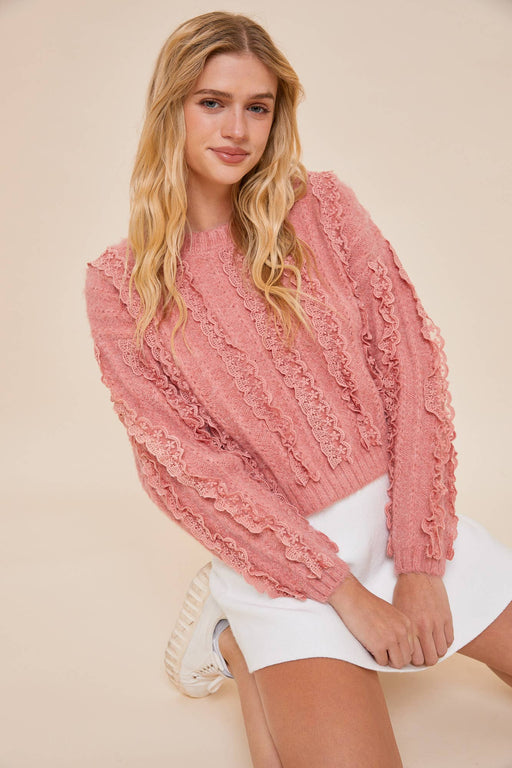 Pink Lace Ruffle Knit Top