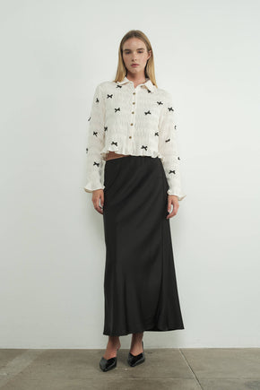 Black Leopard Satin Effect Midi Skirt With Lining