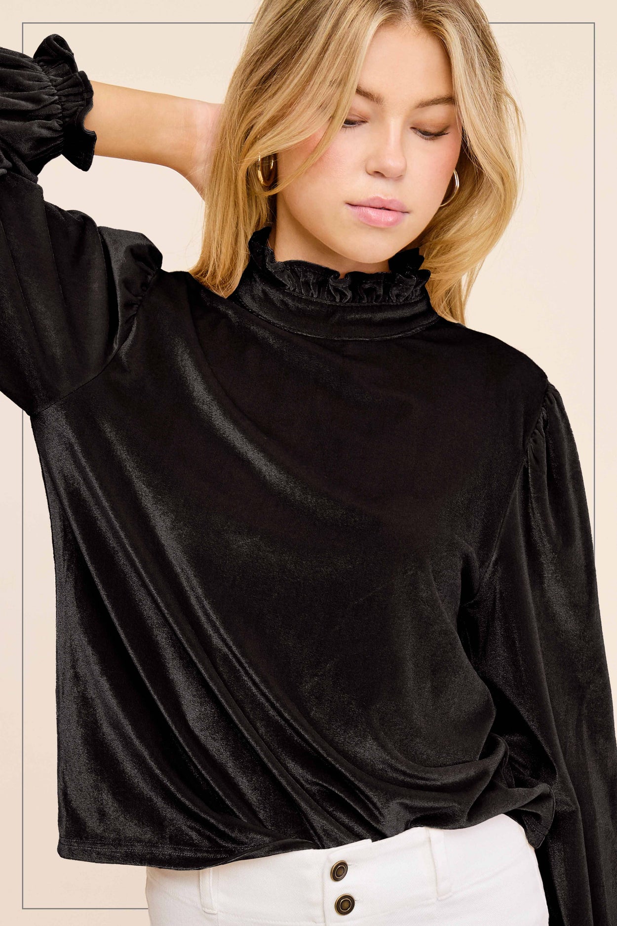 Black Soft Velvet Long Puff Sleeve Blouse Holiday Top