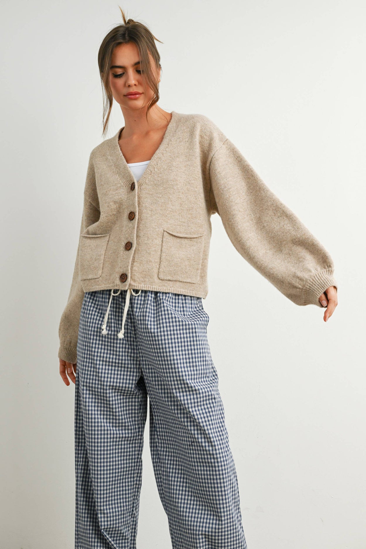 Taupe V-Neck Cuff Button-Up Top