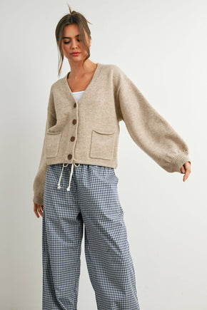 Taupe V-Neck Cuff Button-Up Top