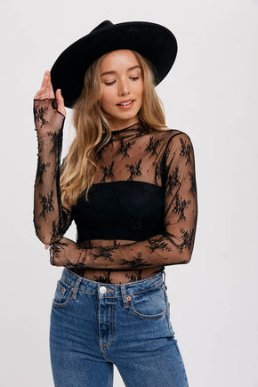 Black Floral Embroidery Lace Mesh Layering Top