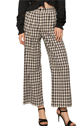 Ivory & Black Plaid Wide Leg Pants with Back Elastic