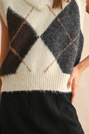 Cream Argyle Pattern Sweater Vest