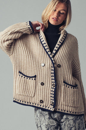 Taupe Chunky Knit Oversized Contrast Cardigan