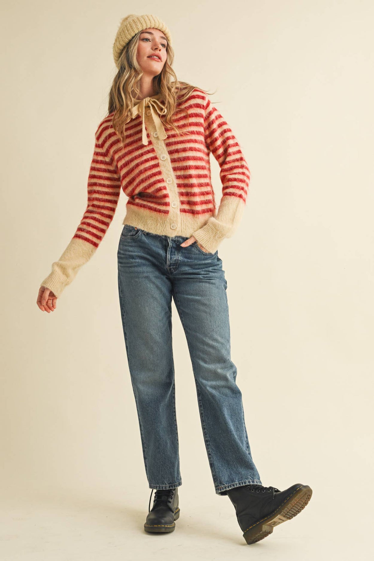 Cream Red Striped Hoodie Sweater Cardigan