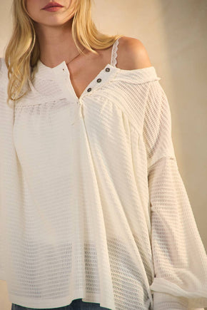 Plus White Textured Knit Henley Blouse