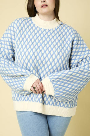 Plus White & Blue Mock Neck Sweater