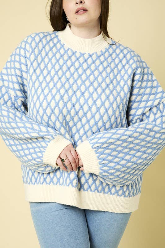 Plus White & Blue Mock Neck Sweater