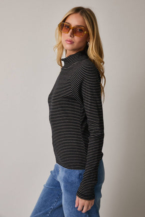 Black & Taupe Mock Neck Long Sleeve Stripe Top