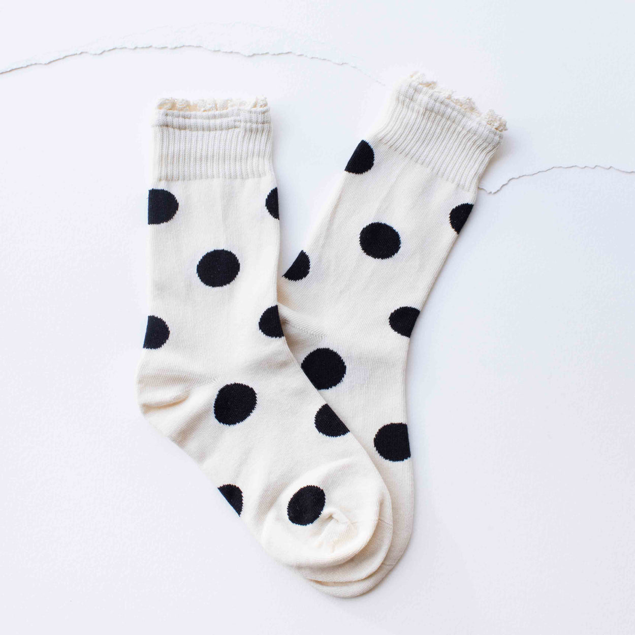Cream Polka Dot Ruffle Trim Crew Socks