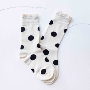 Cream Polka Dot Ruffle Trim Crew Socks