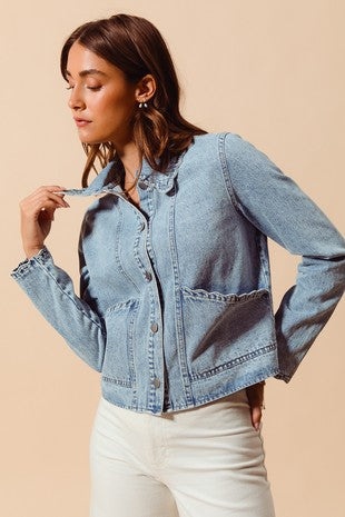 Button Up Washed Denim Jacket With Scallop Edge