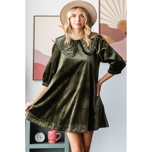 Olive Velvet Puff Sleeve Peter Pan Collar Short Dress